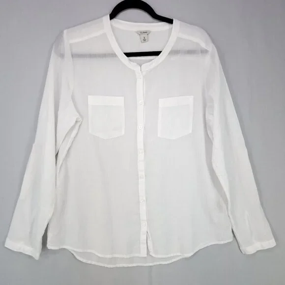 LL Bean Cotton Gauzy Long Sleeve Button Up Shirt Womens Medium Sheer White Beach - Picture 1 of 13